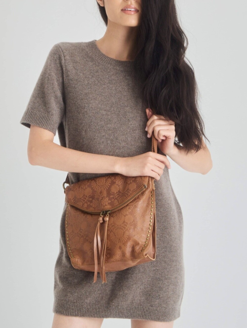 The Sak Silverlake Crossbody Bag Leather Tobacco Floral Embossed Boho Festival